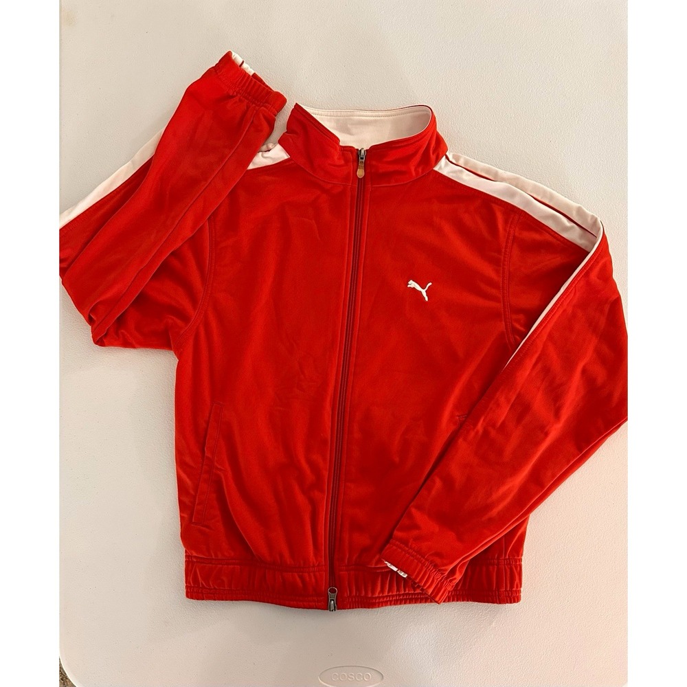 PUMA youth Red/White Track Jacket Full-Zip Pockets Polyester Knit Size L